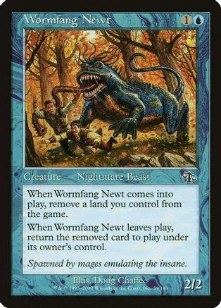 Blue and brown fantasy creature card art, Wormfang Newt, creature type.