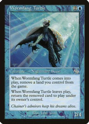 Dark turtle creature on blue background, black and blue colors, Magic: The Gathering card.