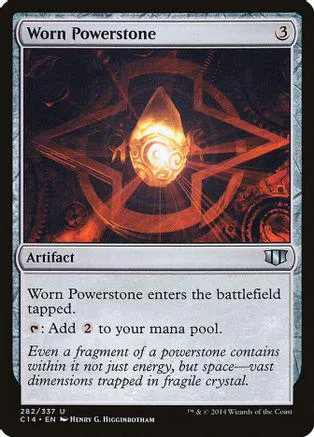 Magic: The Gathering card, "Worn Powerstone," featuring a glowing orange crystal.