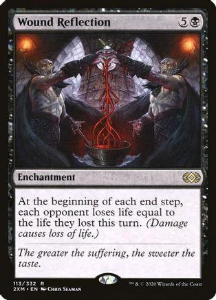 Dark fantasy art card: two figures flanking a central, fiery, skeletal figure.
