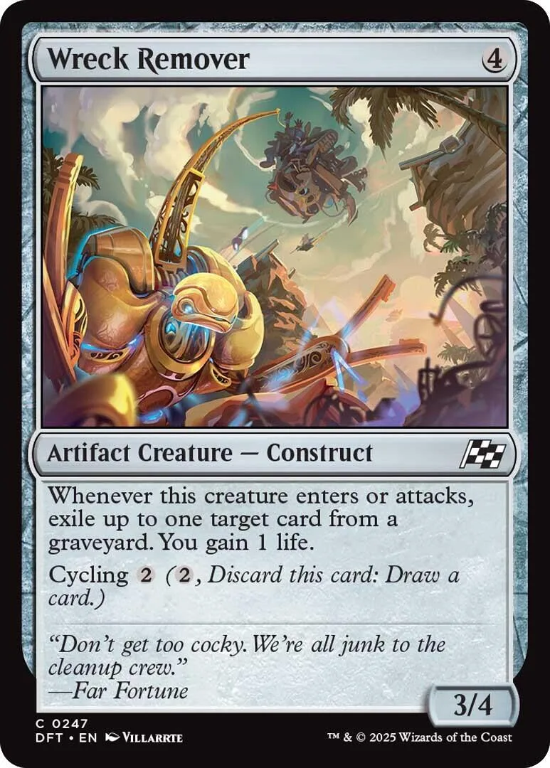 Metal construct creature on a jungle battlefield, blue and orange tones.