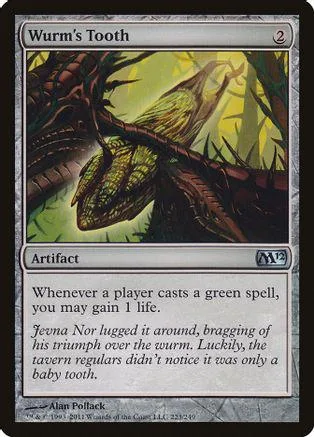 Green tree creature in dark forest. Card reads "Wurm's Tooth.