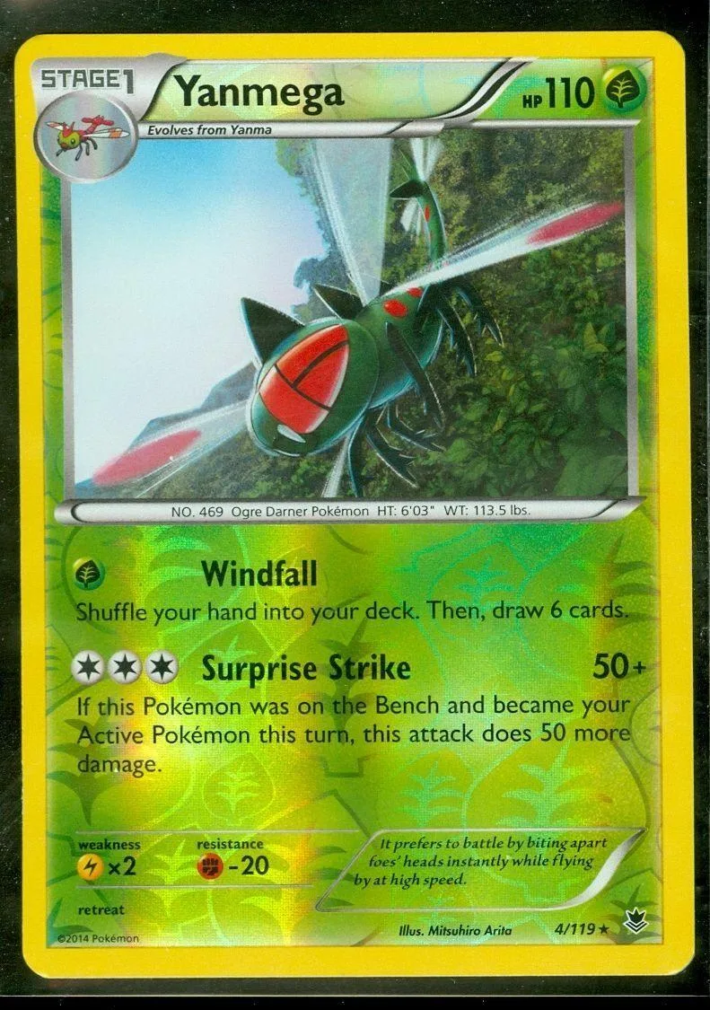 Dark green and black Pokémon card, Yanmega, with Windfall and Surprise Strike attacks.