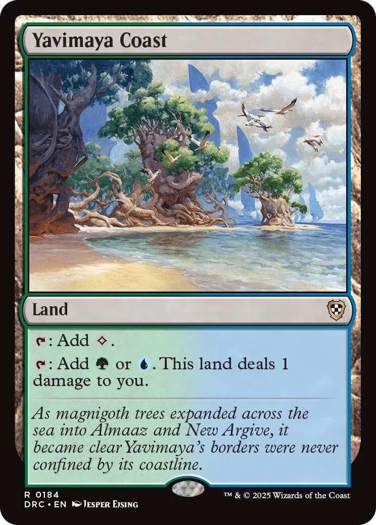 Fantasy landscape card art showing trees by a sandy beach and blue water.