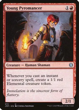 Red-haired shaman character casting fire spell on a Magic: The Gathering card.
