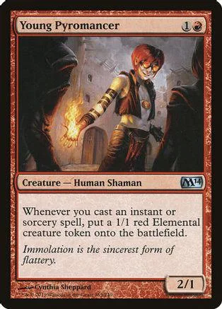 Red-haired shaman casting fire spell, standing between two dark figures.