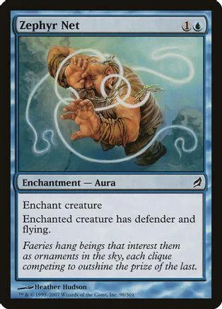 Card art shows a figure in swirling blue energy. Zephyr Net enchantment card.
