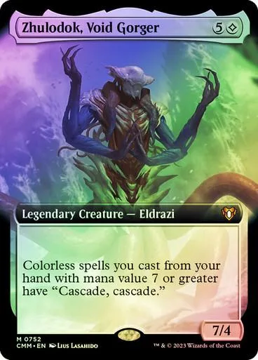 Dark, skeletal creature on a green and purple background on a Magic: The Gathering card.