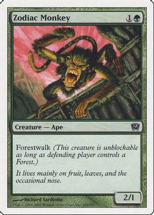 Dark, hairy monkey creature card with green and pink background art.
