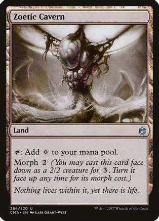 Dark, swirling cavern landscape art on a Magic: The Gathering land card.