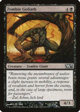 Zombie Goliath creature card art: dark, monstrous figure under a gnarled tree.