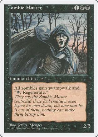 Dark hooded figure in swampy landscape on a collectible card.