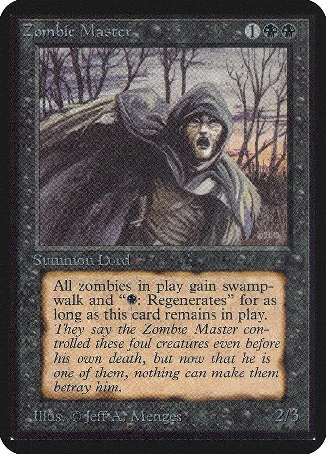 Zombie Master Magic: The Gathering card, hooded figure in dark, spooky forest.