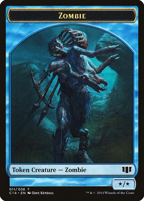 Zombie creature card art, dark blue and green tones, token creature type.