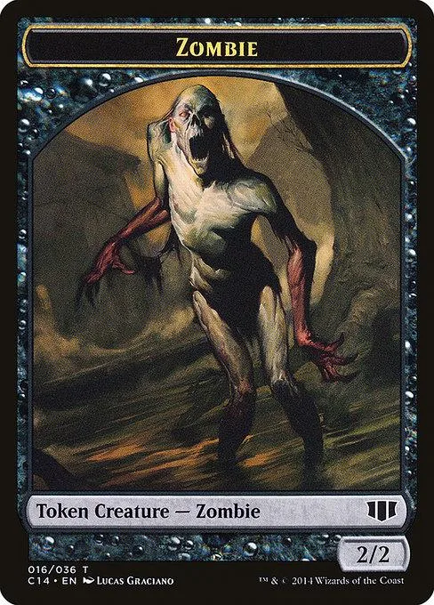 Zombie creature card art, pale figure with exposed teeth, dark background.