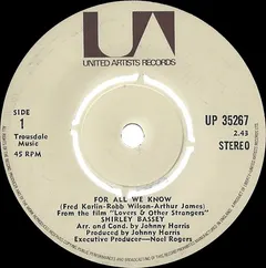 Shirley Bassey United Artists Records – For All We Know (Vinyl, 7")